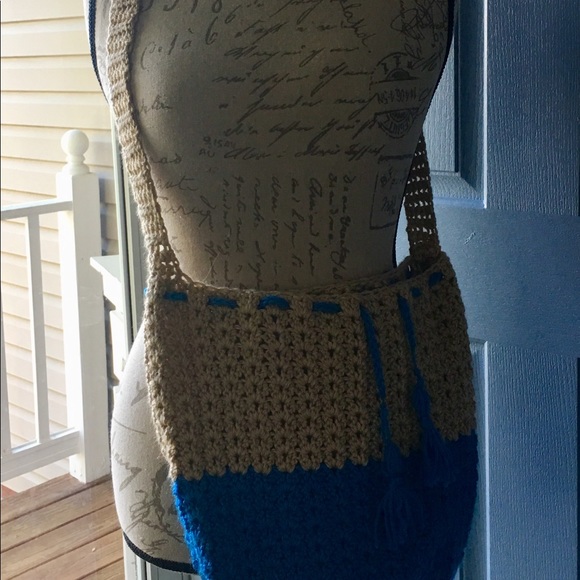 Handmade blue and tan drawstring tote bag - Picture 4 of 5